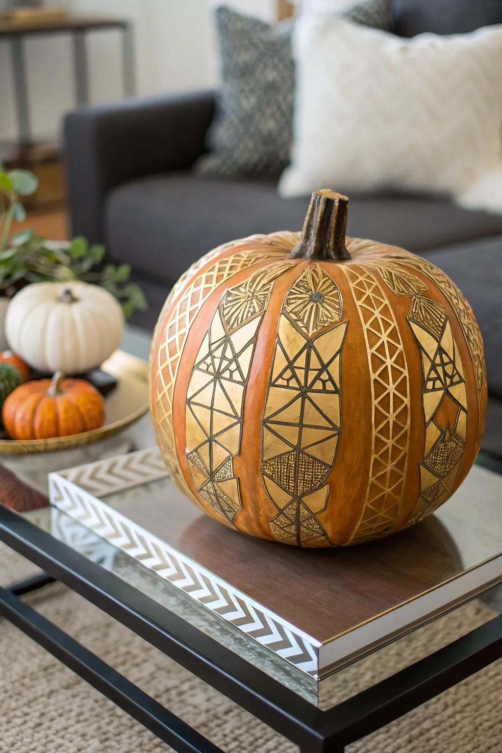 A gilded foil pumpkin presenting a contemporary and opulent ornamental element.