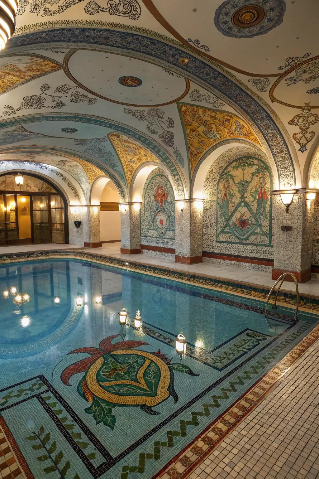 An indoor pool with unique artistic tile layouts