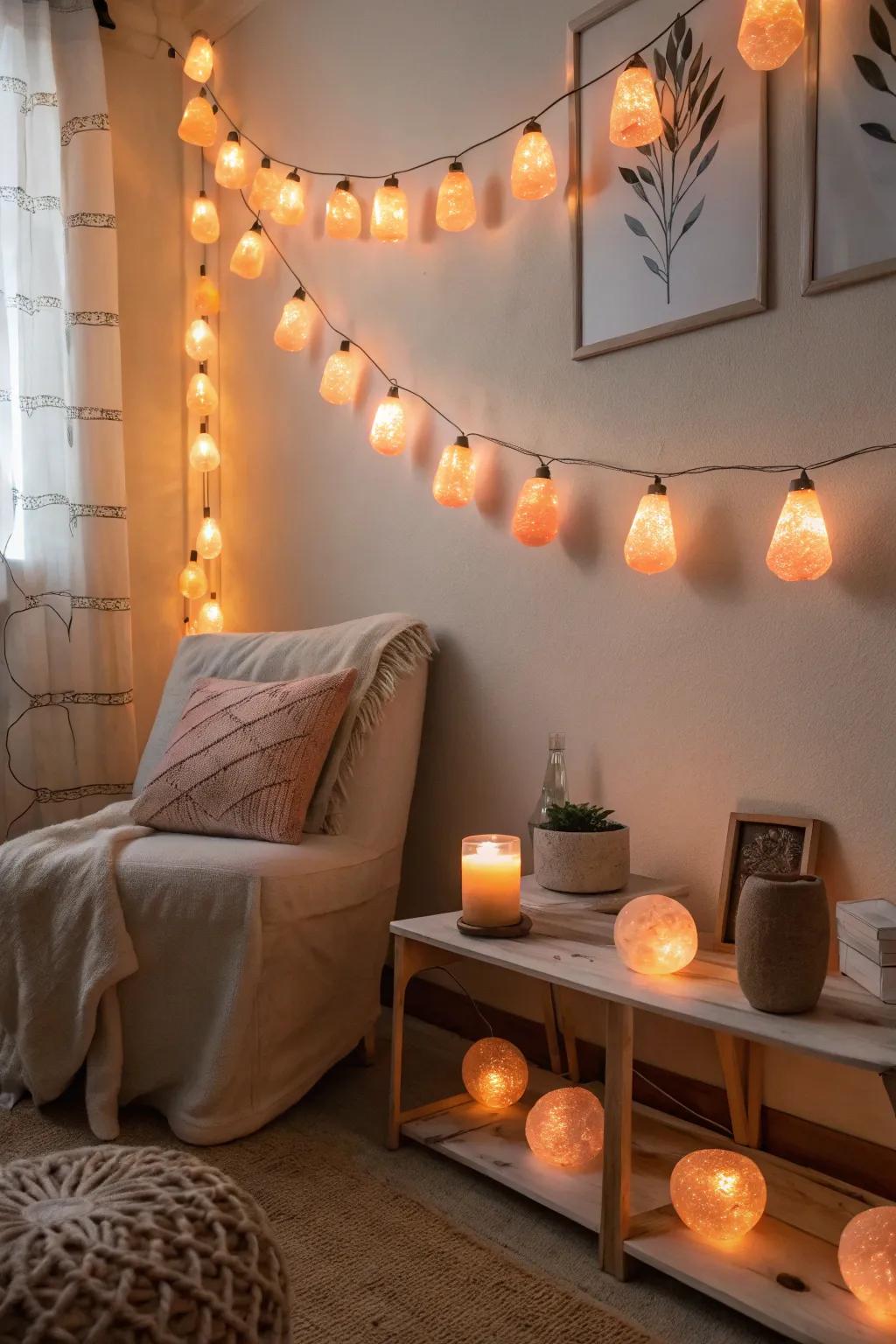 With mineral salt decorative mini-lights, make a calming ambiance.