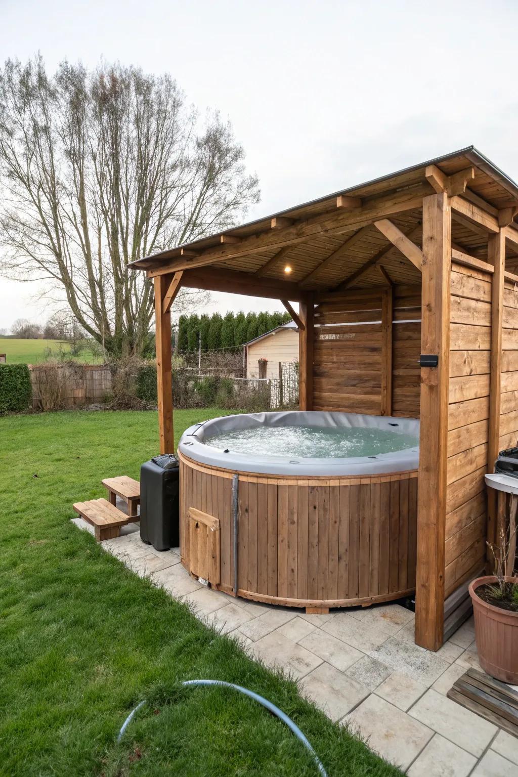 A wooden surround adds a rustic charm to the bubbly spa.
