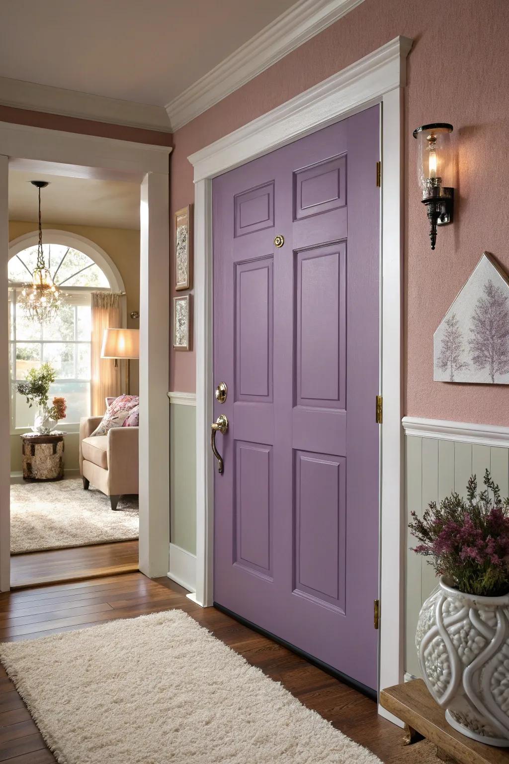 A lavender door providing a subtle charm to the entryway.