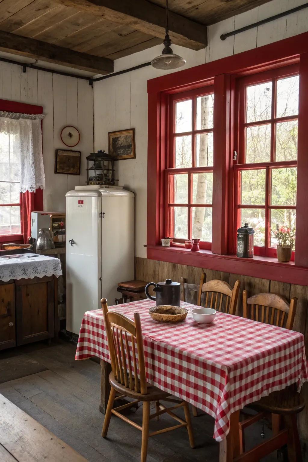 Country red frames amplify a snug pastoral feel.
