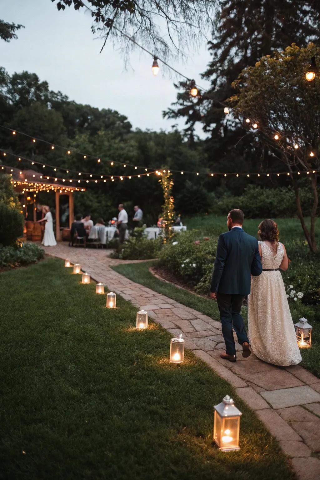Lantern-lit pathways fashion an otherworldly ambiance as night descends.