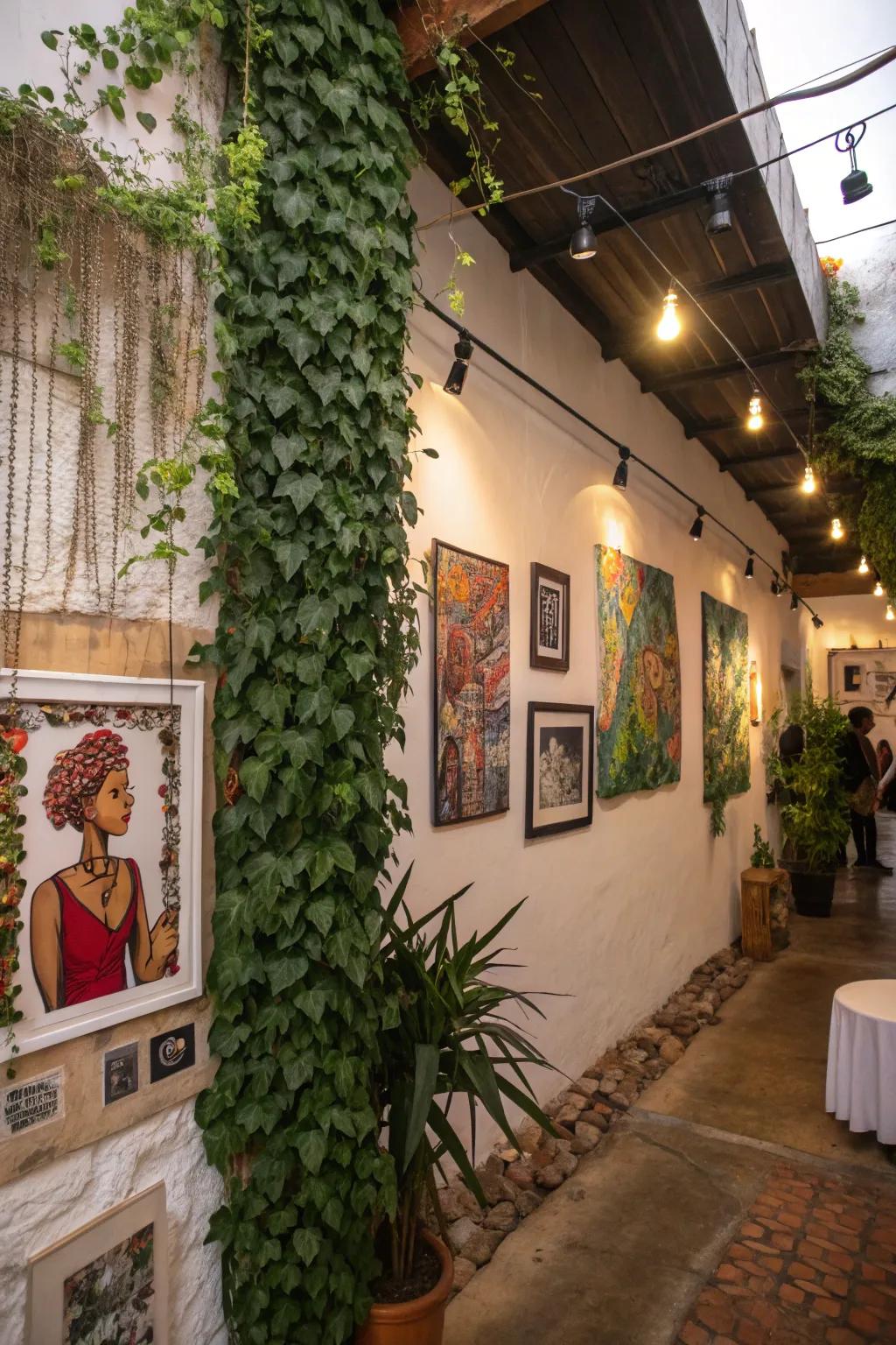 An eclectic greenery wall paired with art pieces, showcasing personality and style.