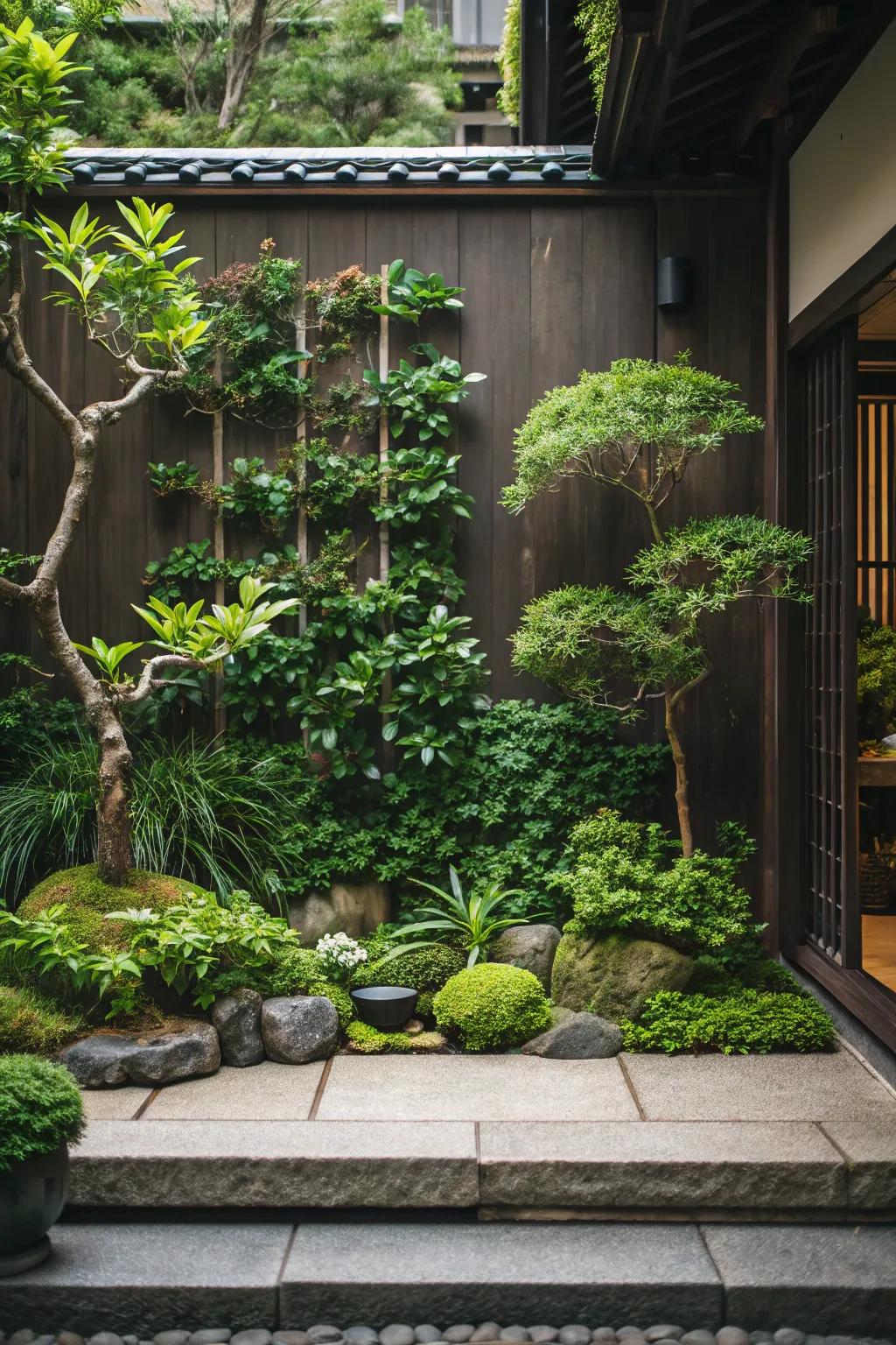 A Japanese-inspired upright garden with abundant greenery.