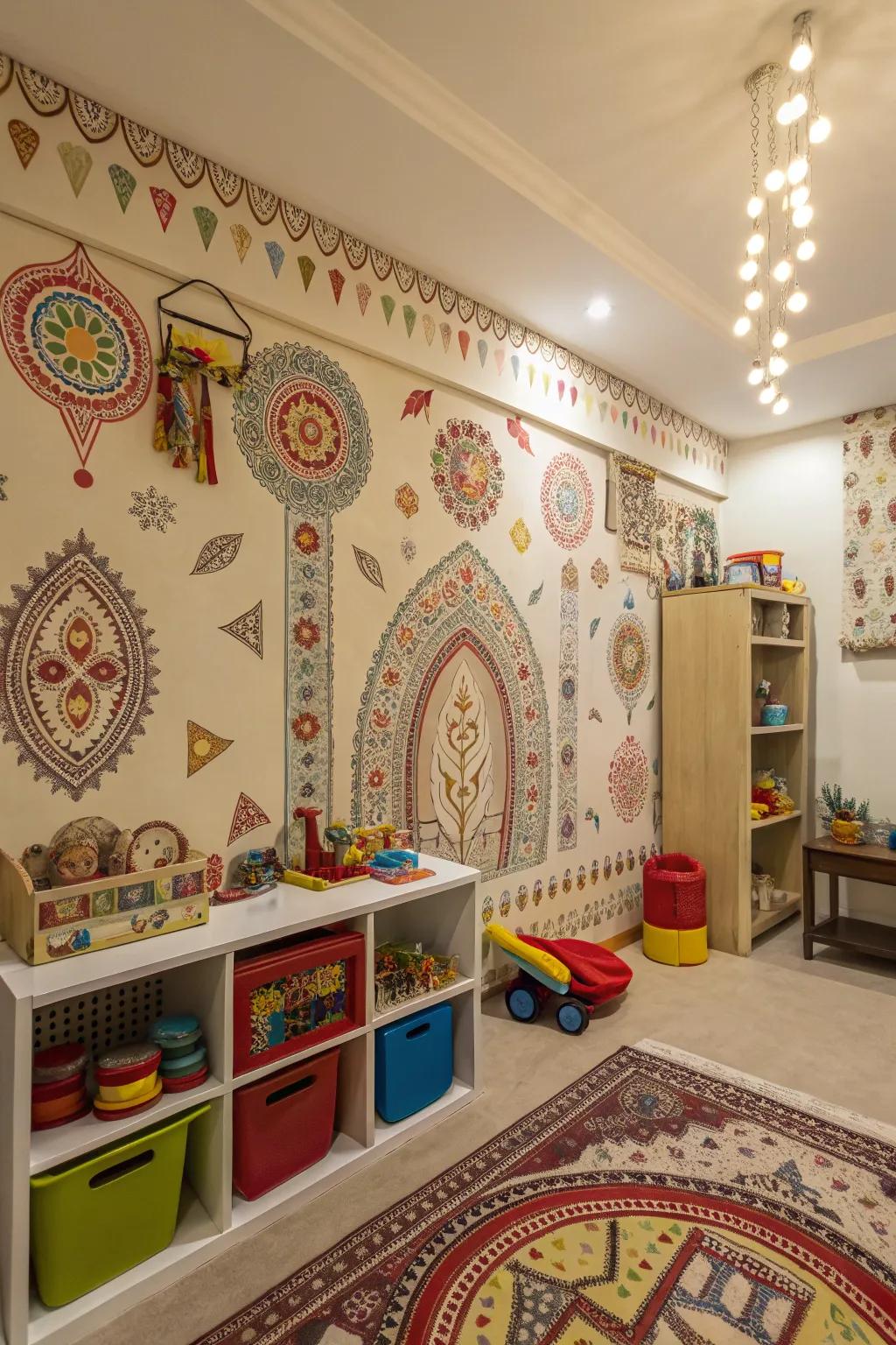 A playroom with cultural motif wallpaper, weaving personal history into design.