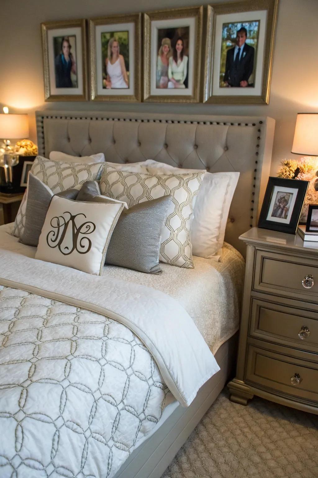 Personalized touches imbue warmth and individuality into this king-sized bed setup.