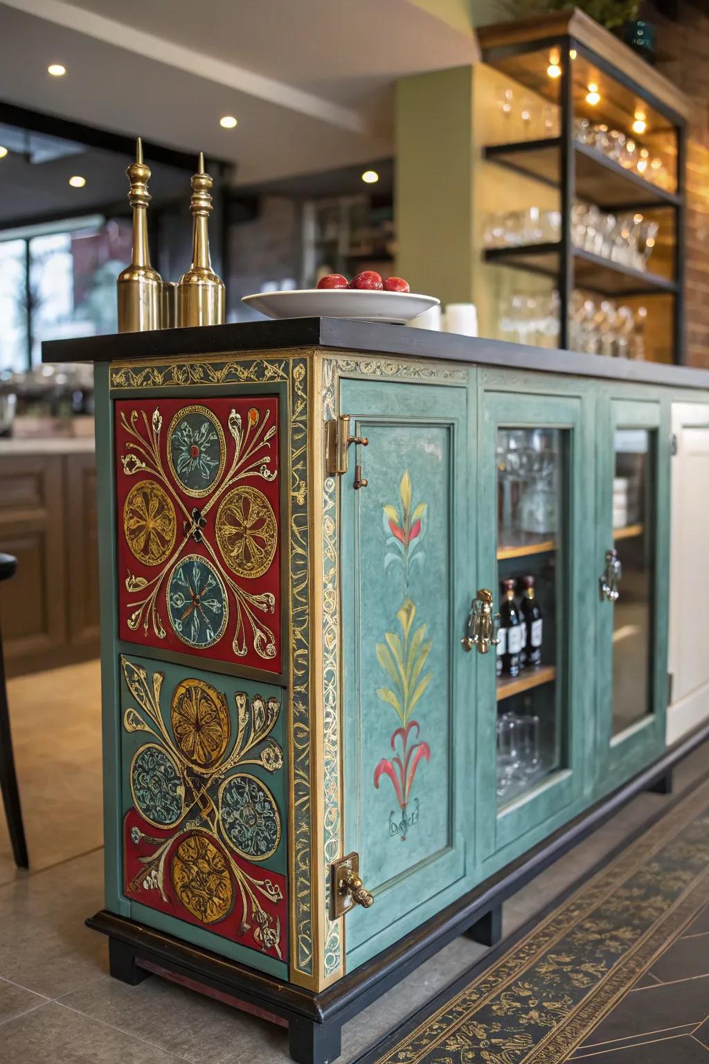 Artistic flair makes this bar cabinet a statement piece.