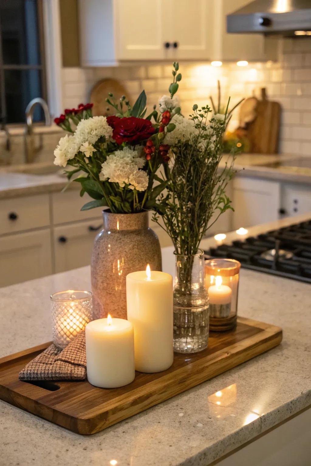 A chopping block as a pedestal for decorative items creates a balanced centerpiece.
