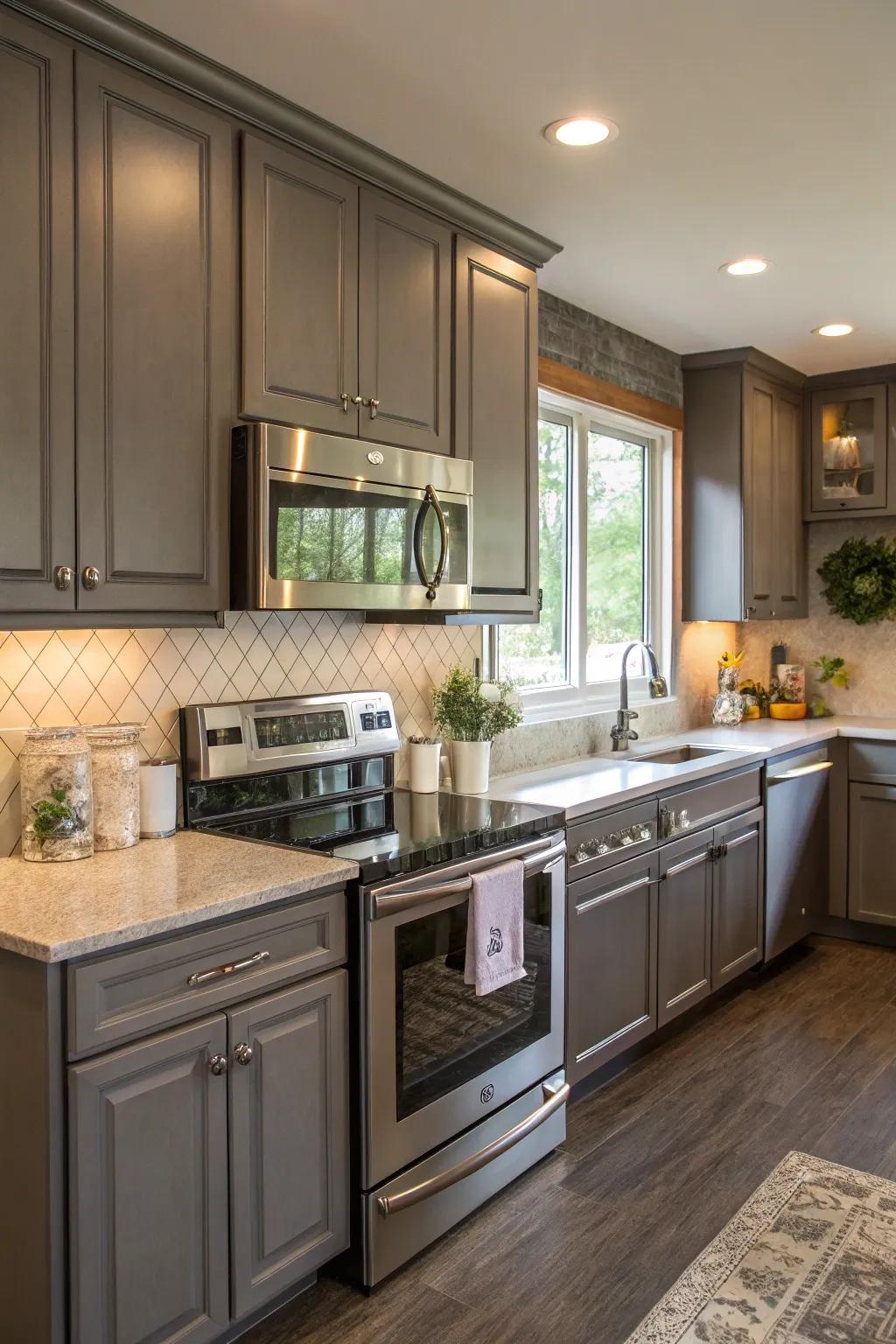 Cool stone gray provides an up-to-date and streamlined kitchen setting.