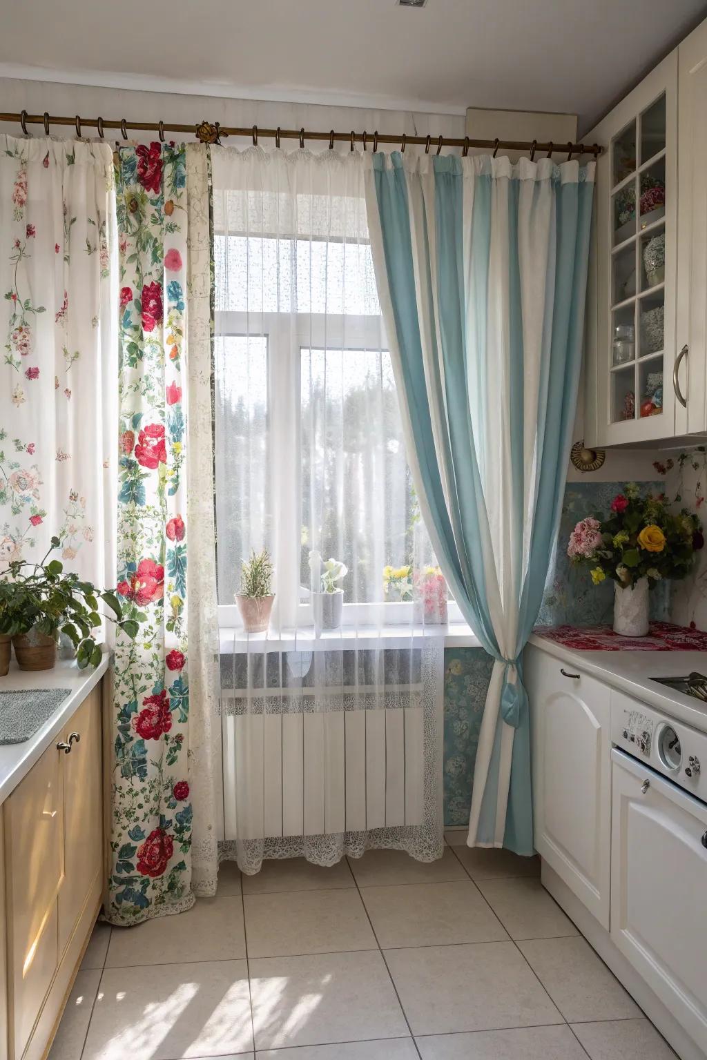 Mix and match window coverings for a bold and varied kitchen design.