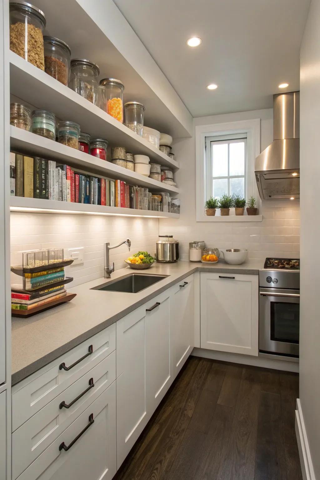 Floating shelves maximize space in small kitchens.