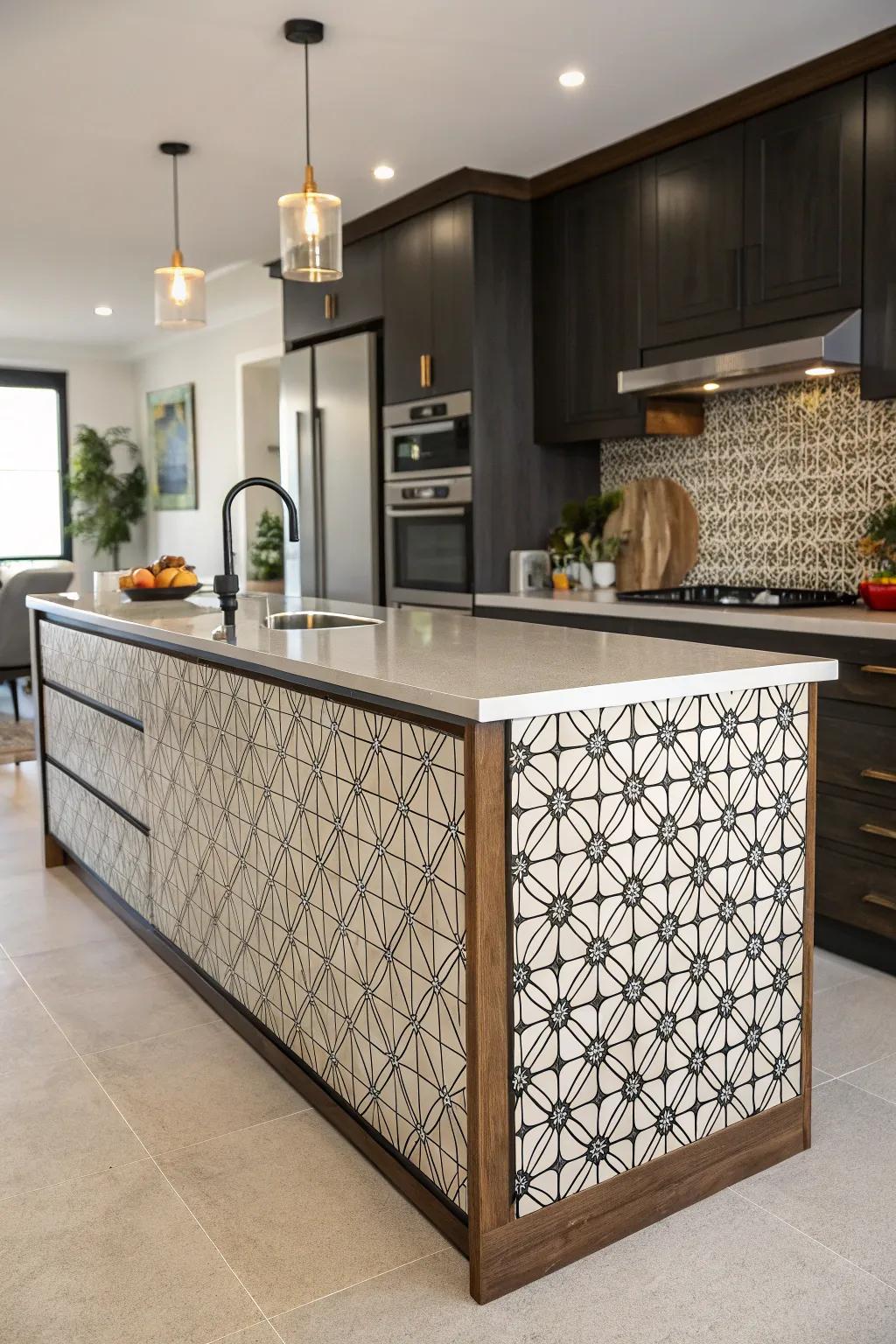 Geometric patterns contribute a modern spin, infusing this kitchen island with dynamic energy.