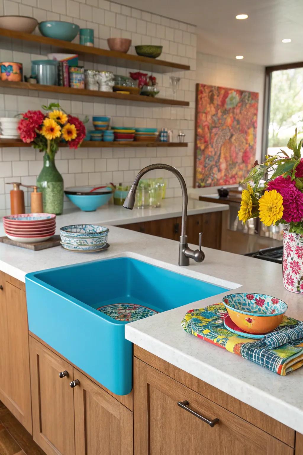 A kitchen island that makes a daring statement through a vivid splash of color.
