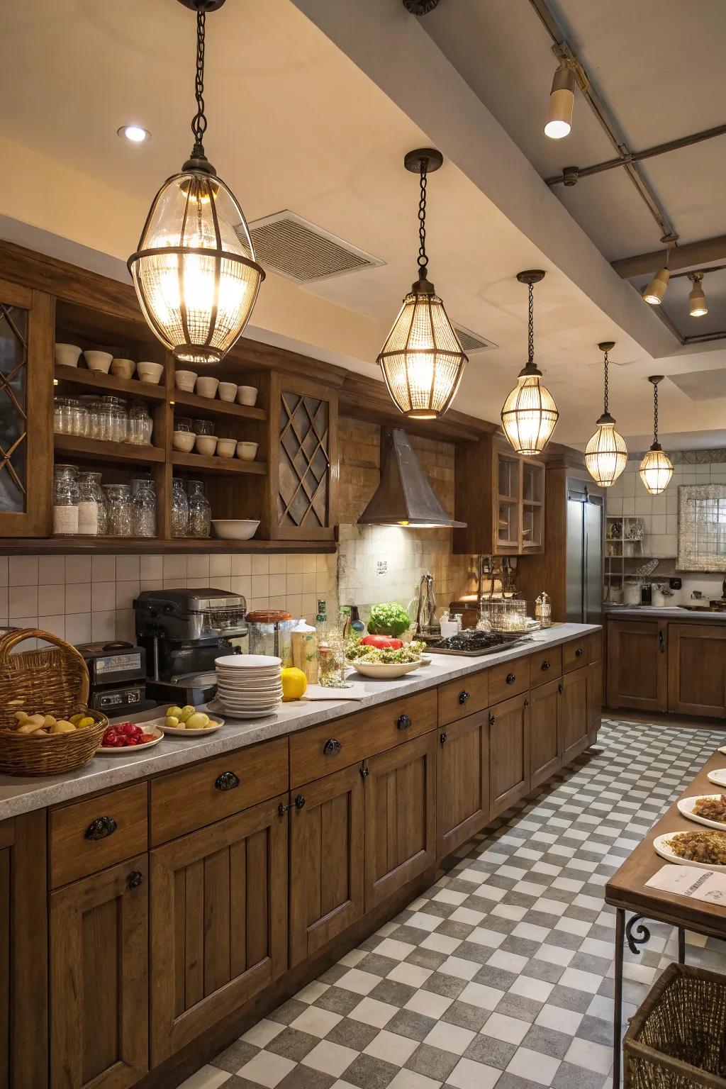 Vintage-inspired fixtures contribute style and warmth to this cooking space.