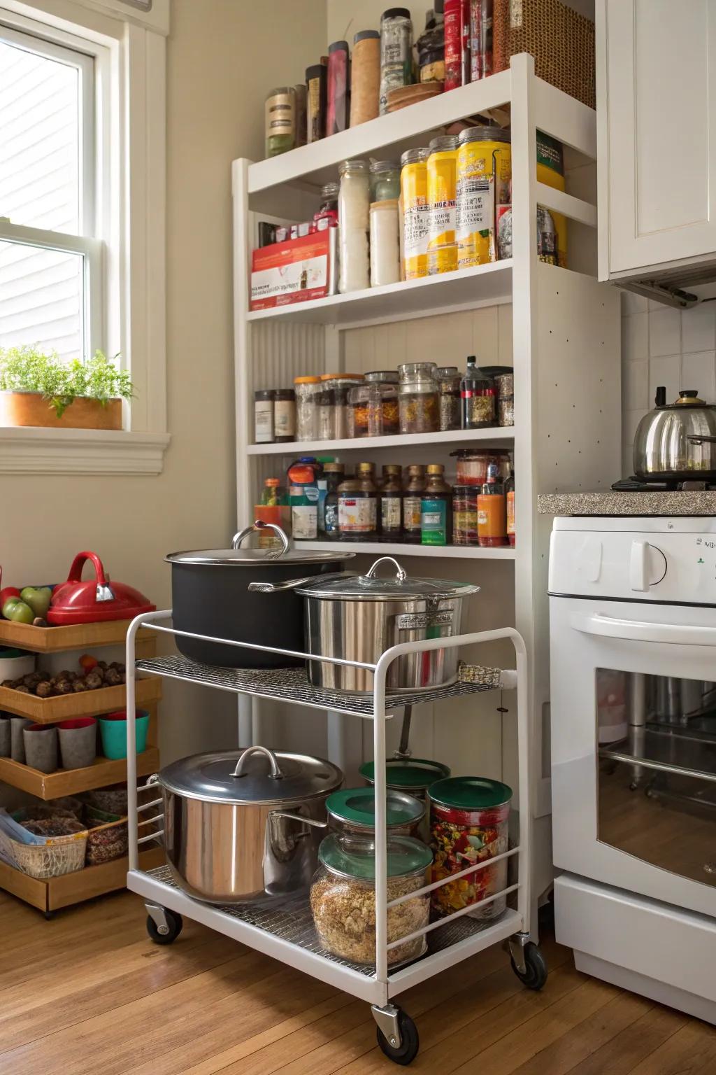 A mobile cart adds versatile storage options.