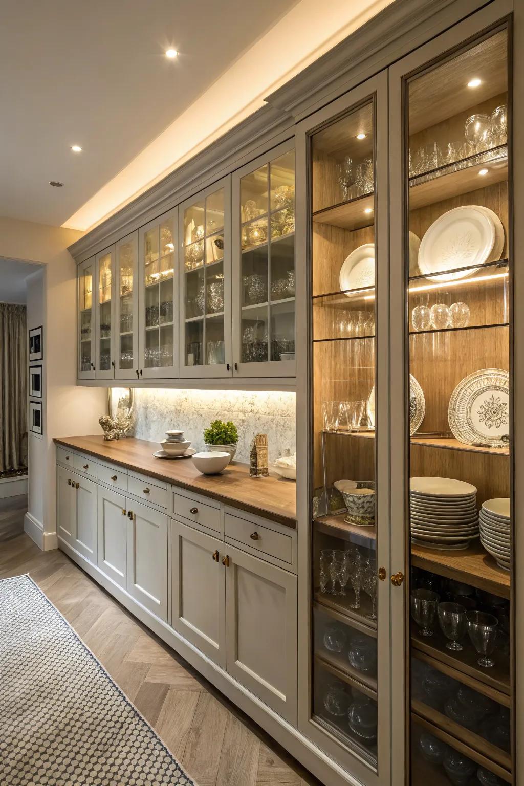 Crystal cabinets offer elegance and an airy feel.
