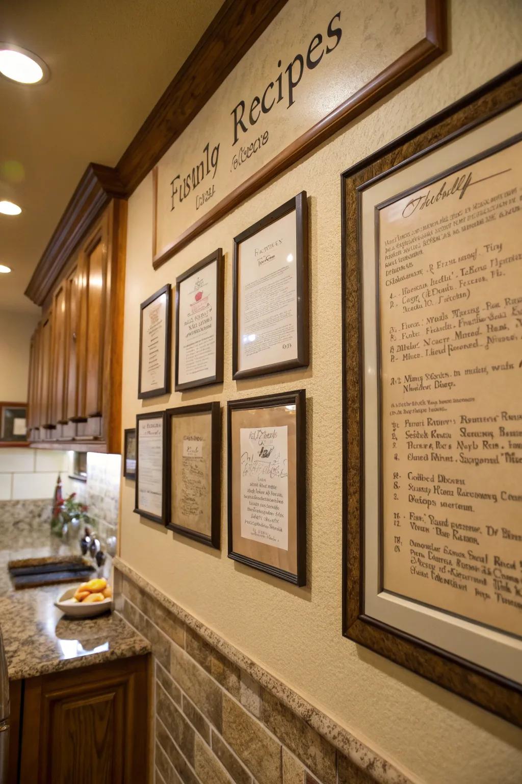 A kitchen wall enhanced with encased family instructions, celebrating heritage.