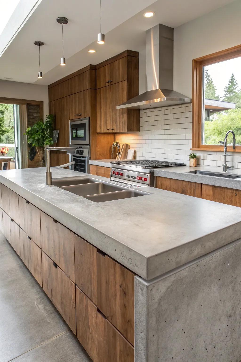 A kitchen interior that showcases multi-tiered concrete countertops for functional delineation.