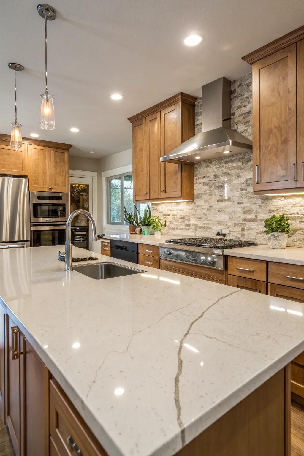 Integrating nature's elements with quartz for an earthy feel.