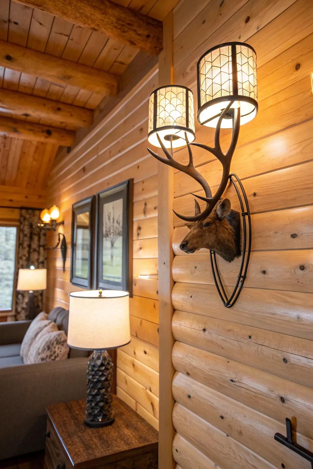 Unique light fittings adding elegance to the timbered cabin.