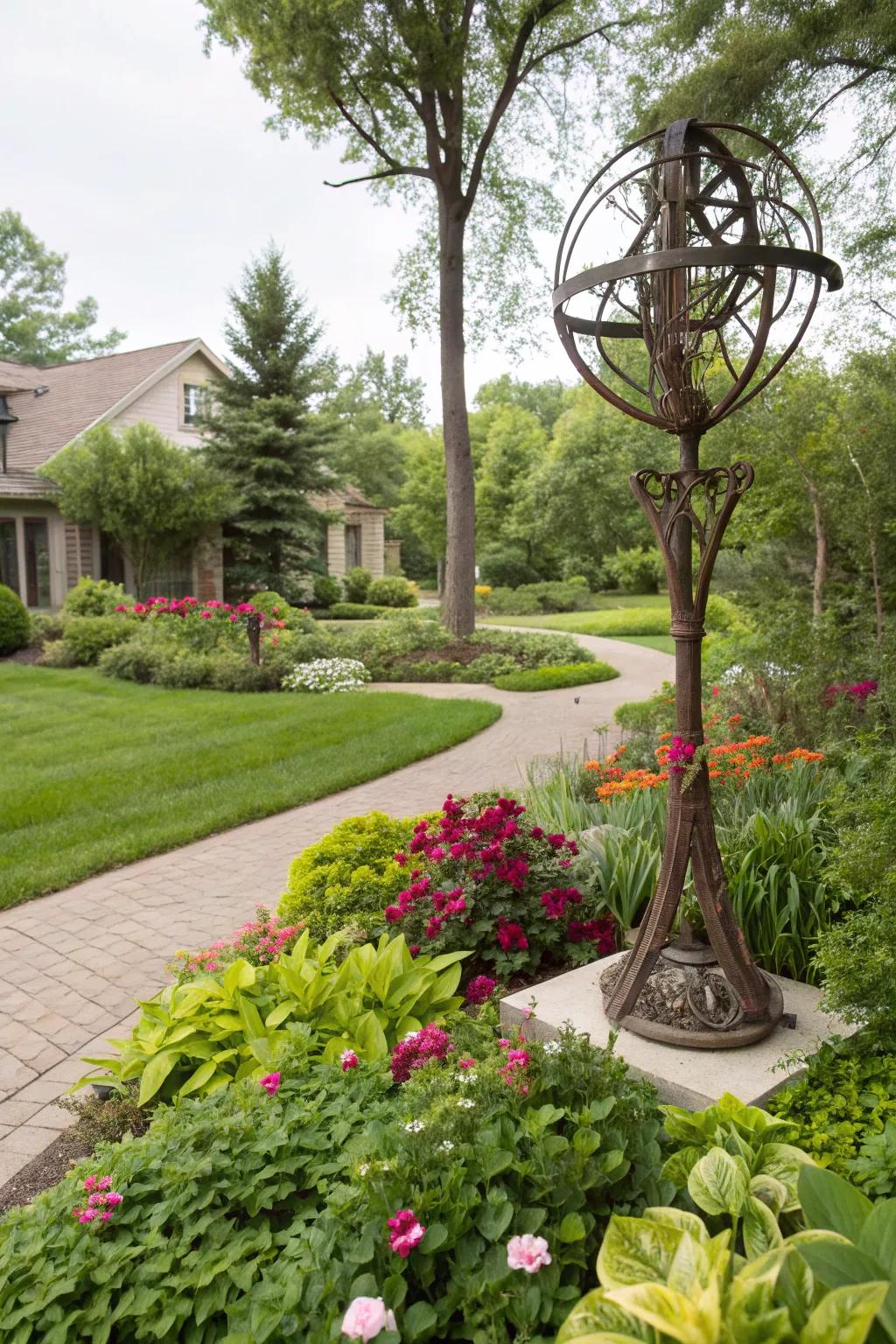 A garden sculpture adds an artistic and individual touch to the landscape.