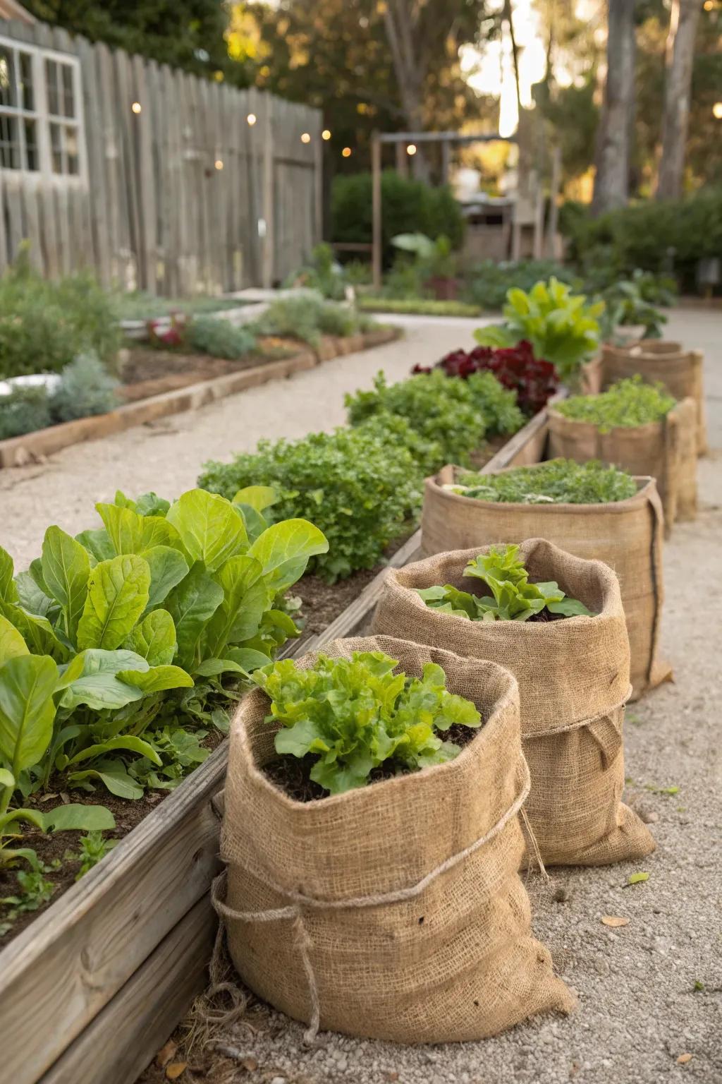 Burlap sacks are a quick and simple way to make raised beds that look like they belong in the country.