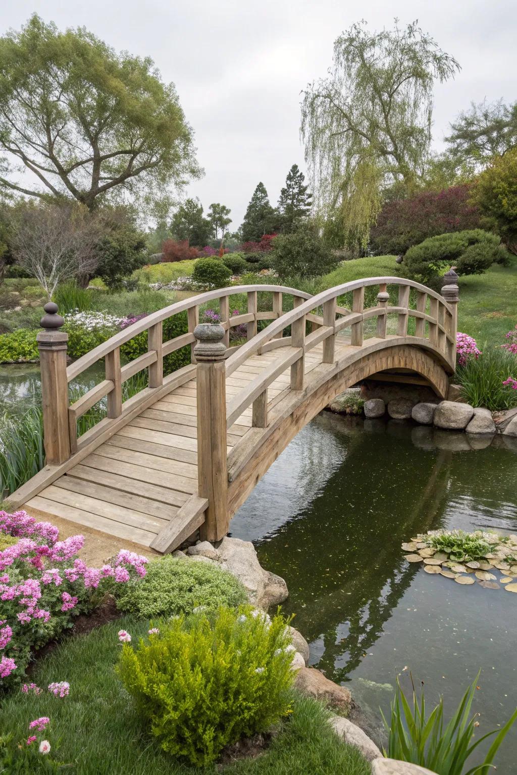 A timber footbridge appends an enchanting focal point over water.