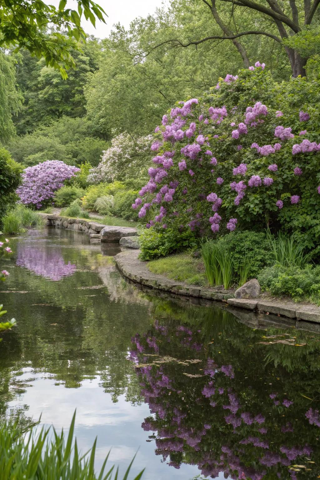 Lilacs complement the calm atmosphere of a garden water feature.