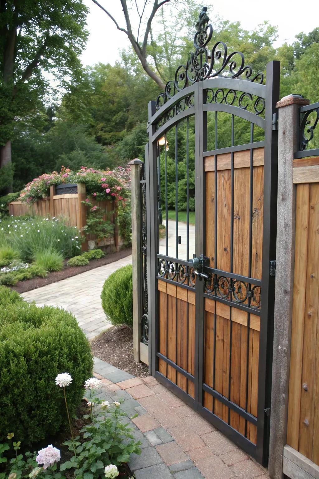 An iron and wood combo gate blends strength and beauty.