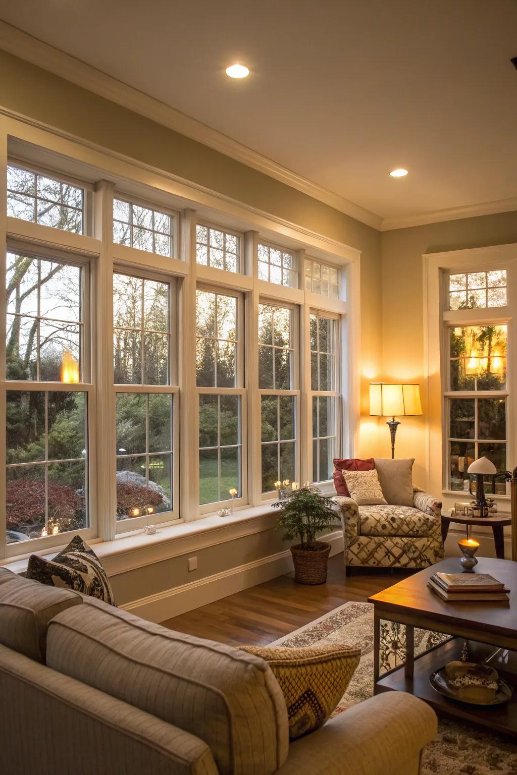 Double-glazed windows enhancing energy efficiency in the living room.