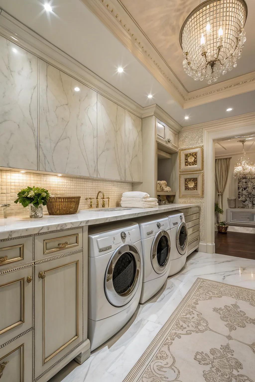 Marble countertops that are luxurious and add elegance to a laundry room.