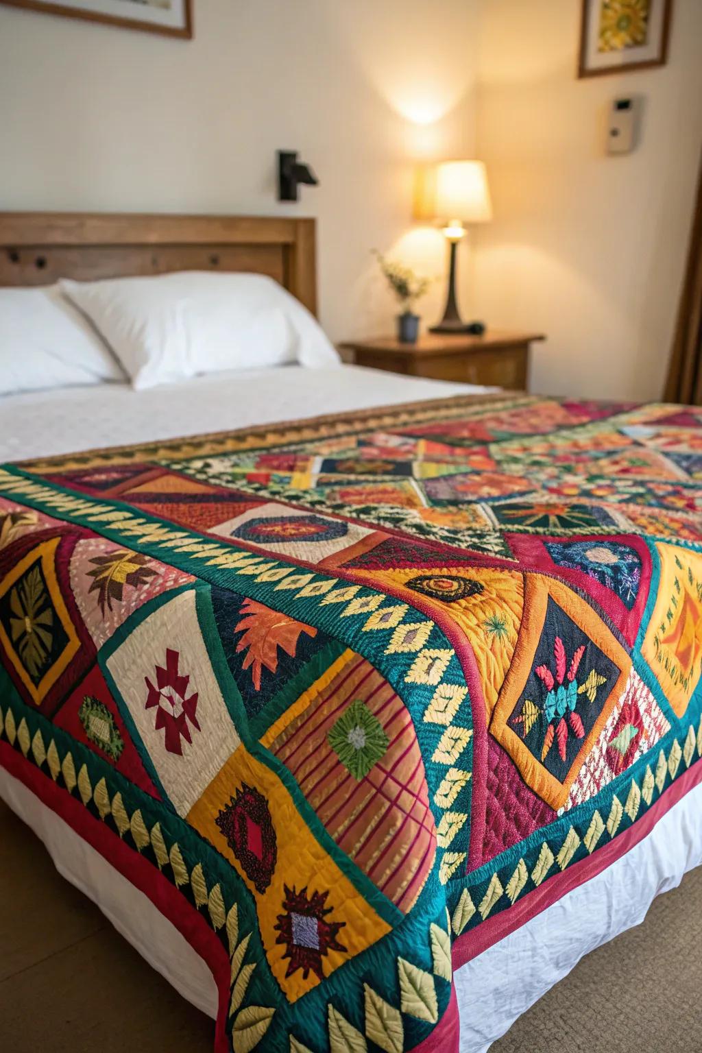 A cultural material quilt adding an international essence to the bedclothes.