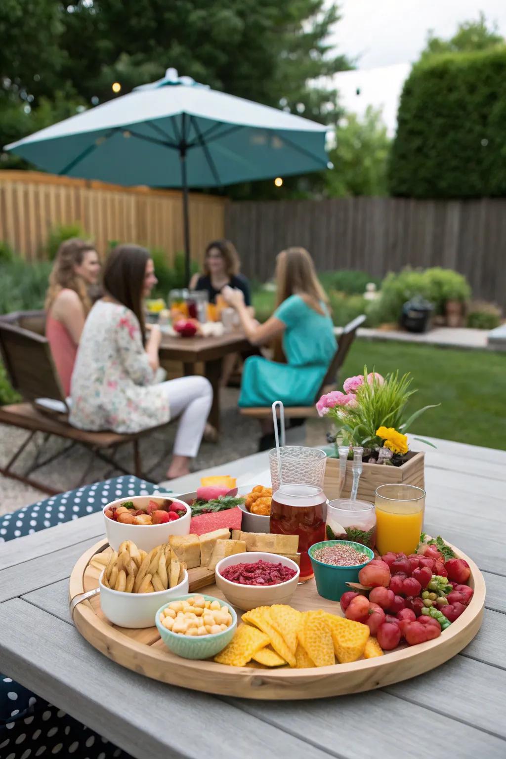 An alfresco entertainment setup featuring a spinning organizer.