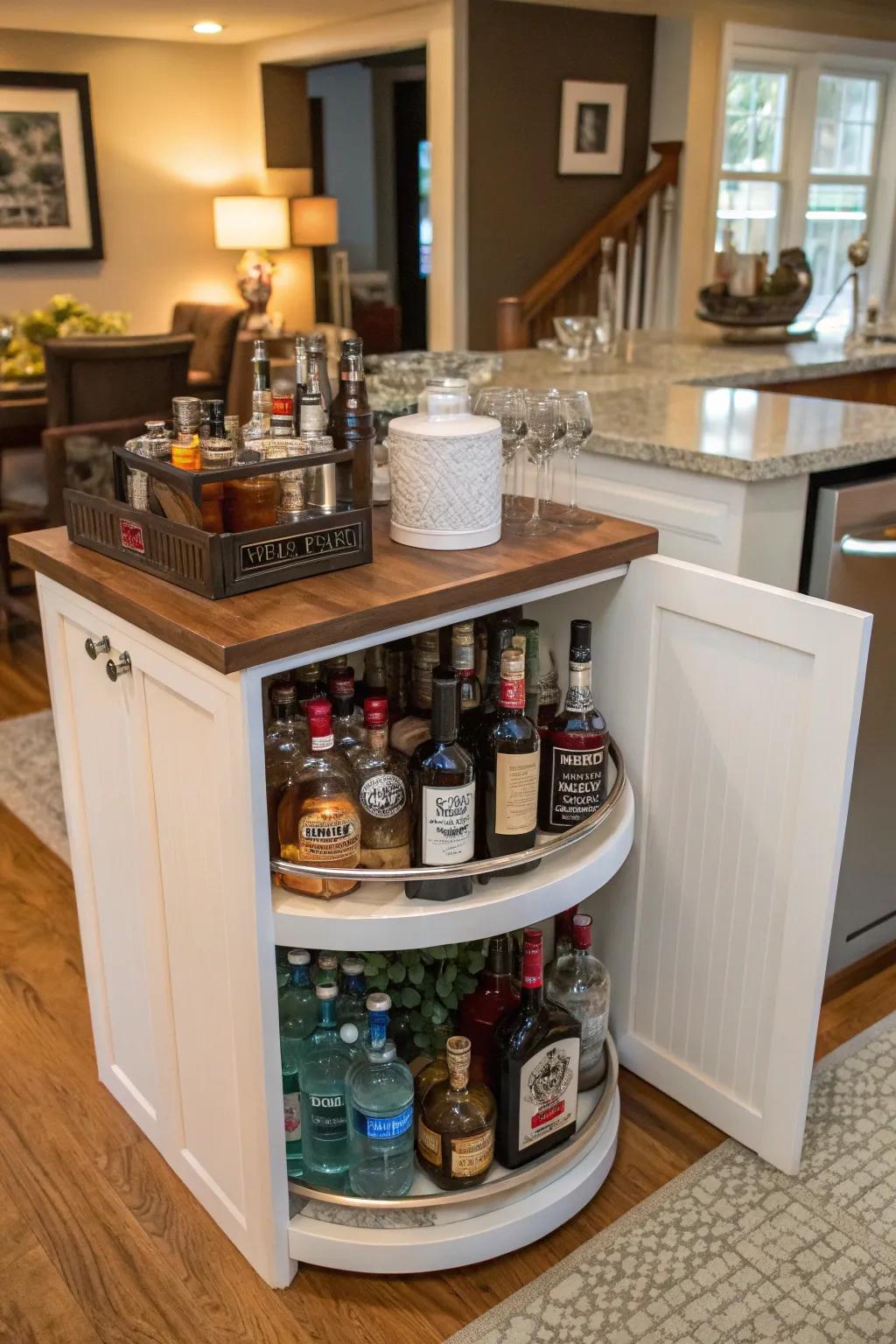 A chic mini bar setup includes a <strong>lazy Susan</strong>, making it easy to mix cocktails.&rdquo; loading=&rdquo;lazy&rdquo; class=&rdquo;pimg&rdquo;>
	</picture><figcaption>A chic mini bar setup includes a <strong>lazy Susan</strong>, making it easy to mix cocktails.</figcaption></figure>
<p>Arrange your mini bar on a <strong>lazy Susan</strong> with your favorite spirits and mixers. It&rsquo;s a stylish addition to any home, making it easy to mix drinks.</p>
<h3>A few choices to try:</h3>
<ul class=
