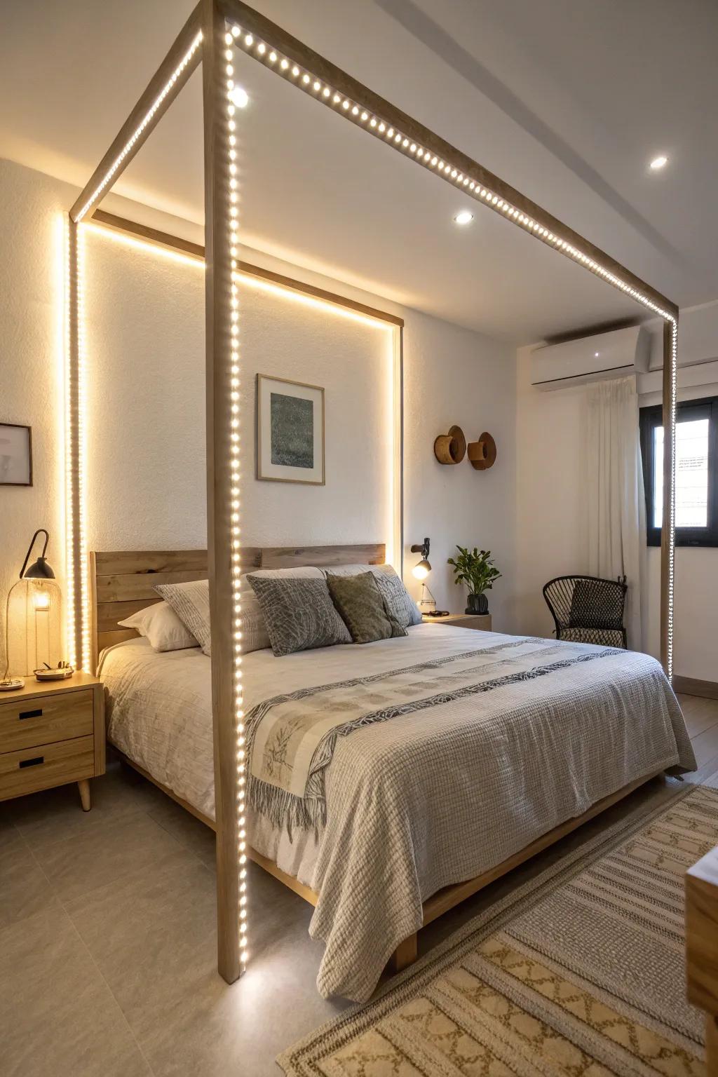 A bed framed with illuminating bands for a cozy atmosphere.