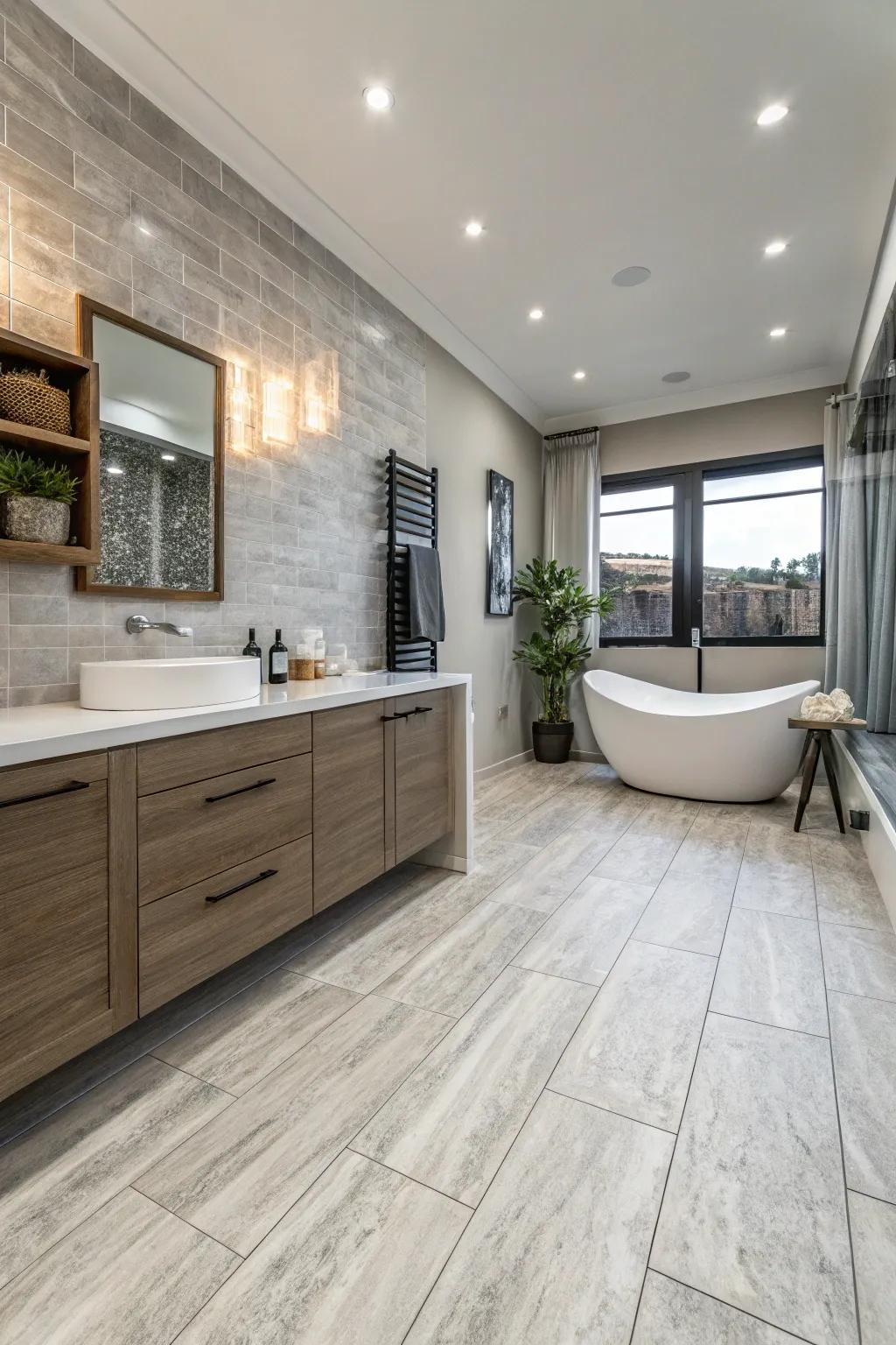Pale gray stone effect plastic flooring adds a modern edge to this contemporary bathroom.