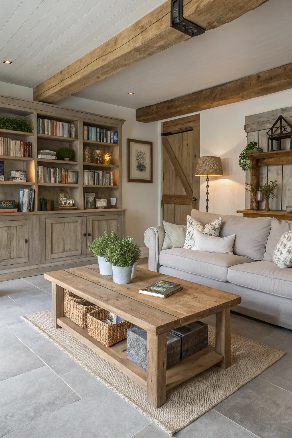A rustic chic living room featuring light grey flooring.