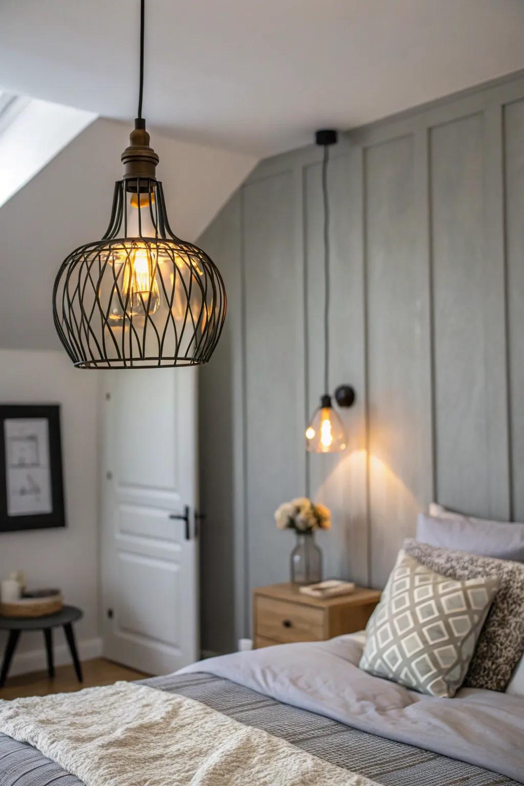 Statement lighting transforms the look of a bedroom.