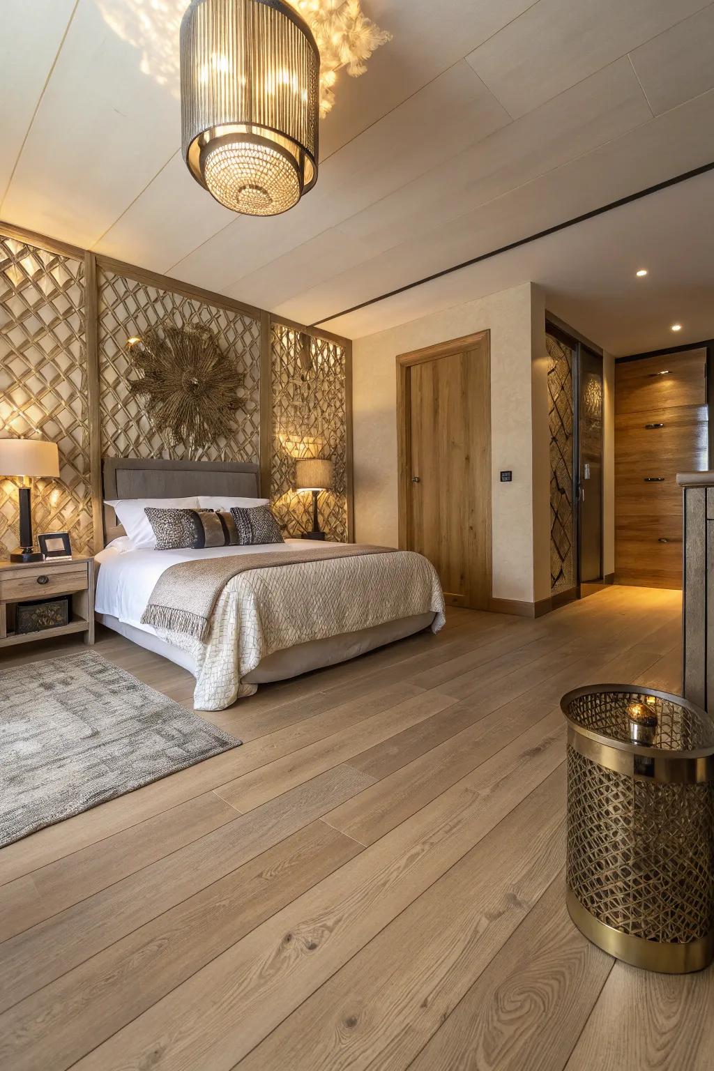 Metallic accents breathe luxury into a bedroom featuring bright timber flooring.
