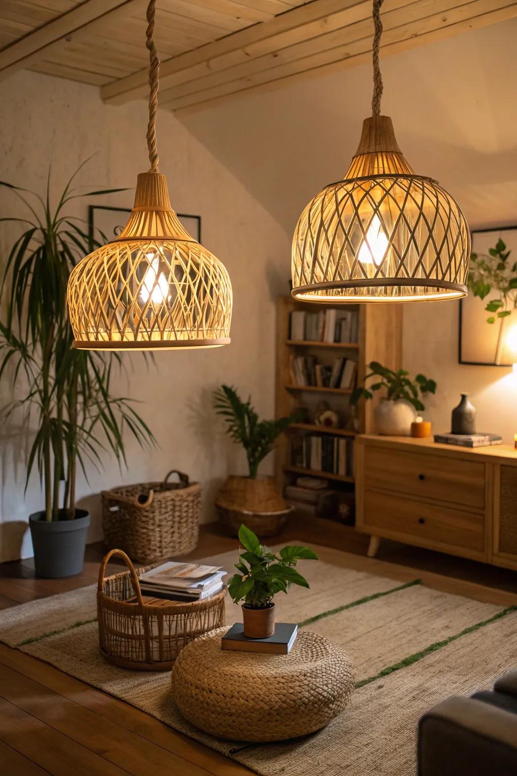 Bamboo lights provide sustainable, natural elegance.