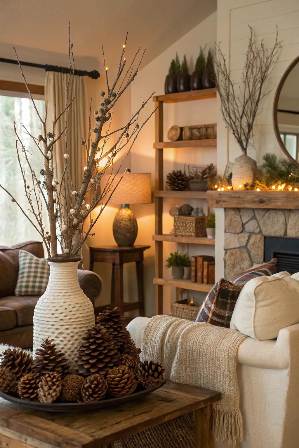 Natural accents such as pinecones and branches contribute an organic feel to your decor.
