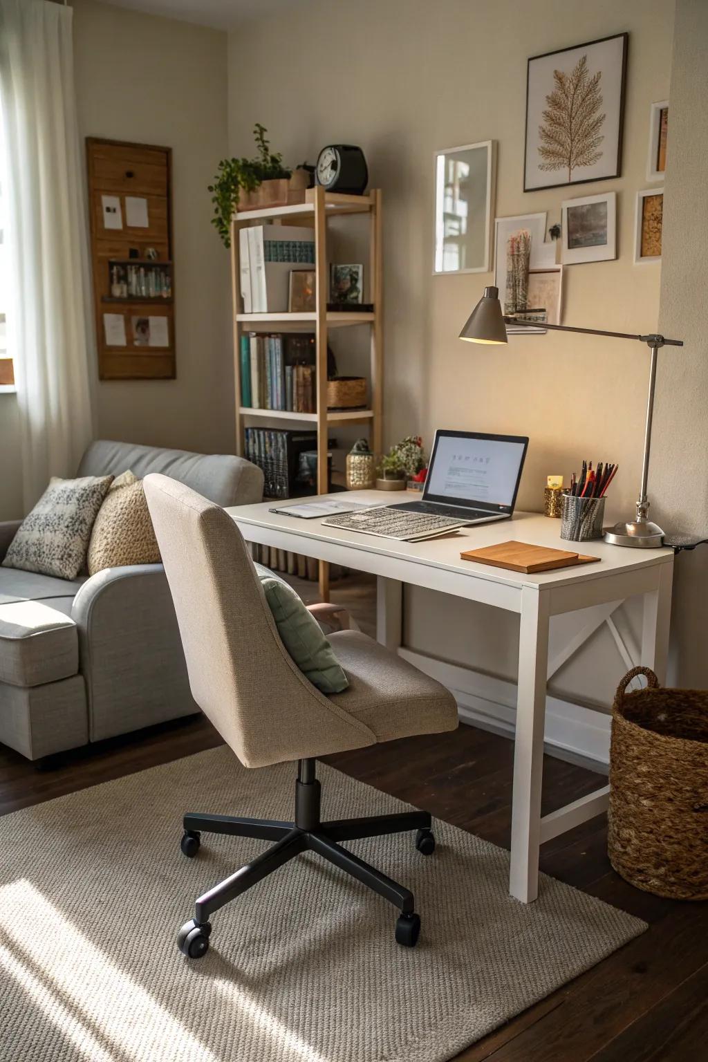 A compact home office fits into a living room corner.