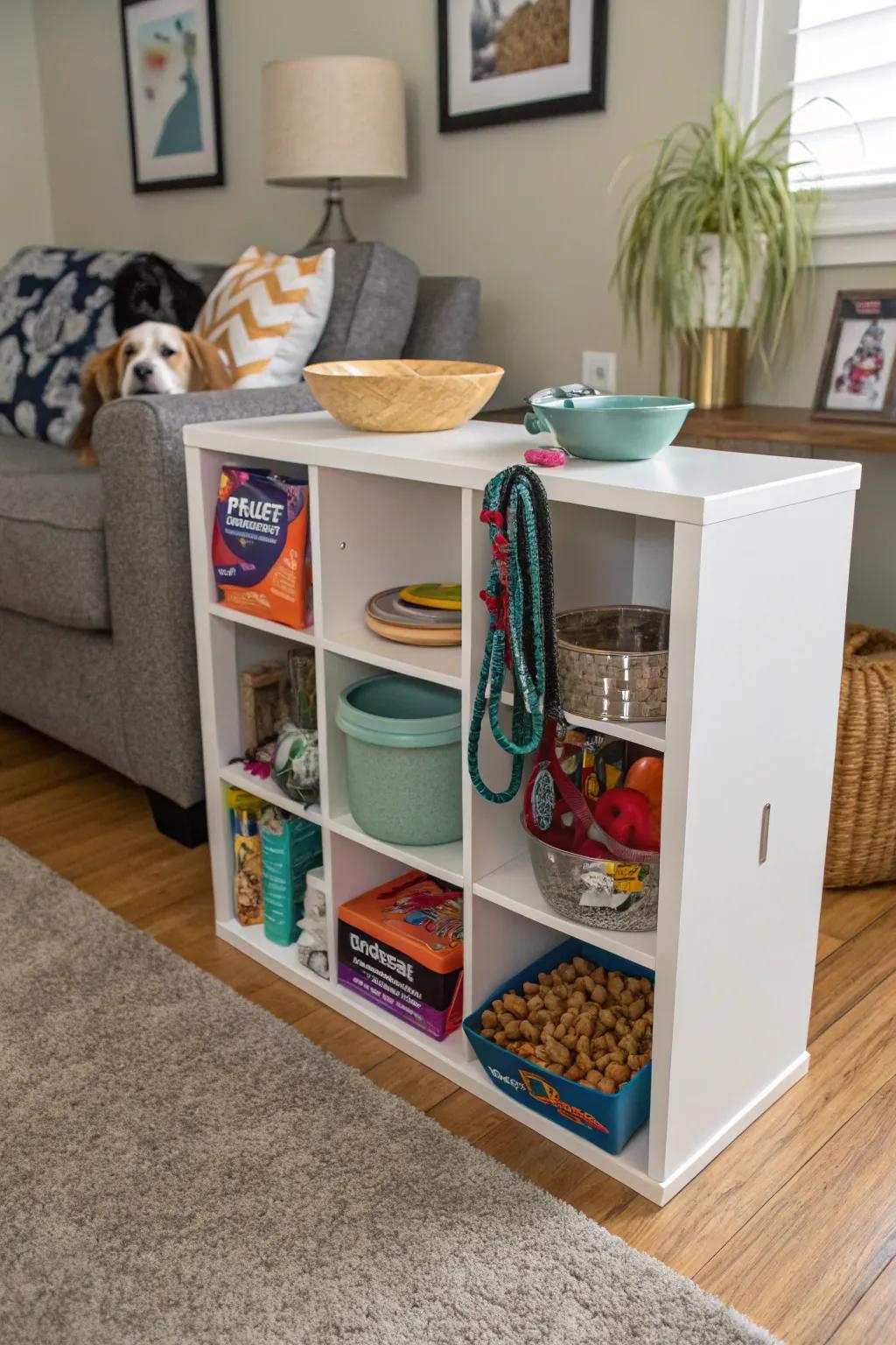 Pet-accommodating arrangement utilizing cube storage for a tidy home.