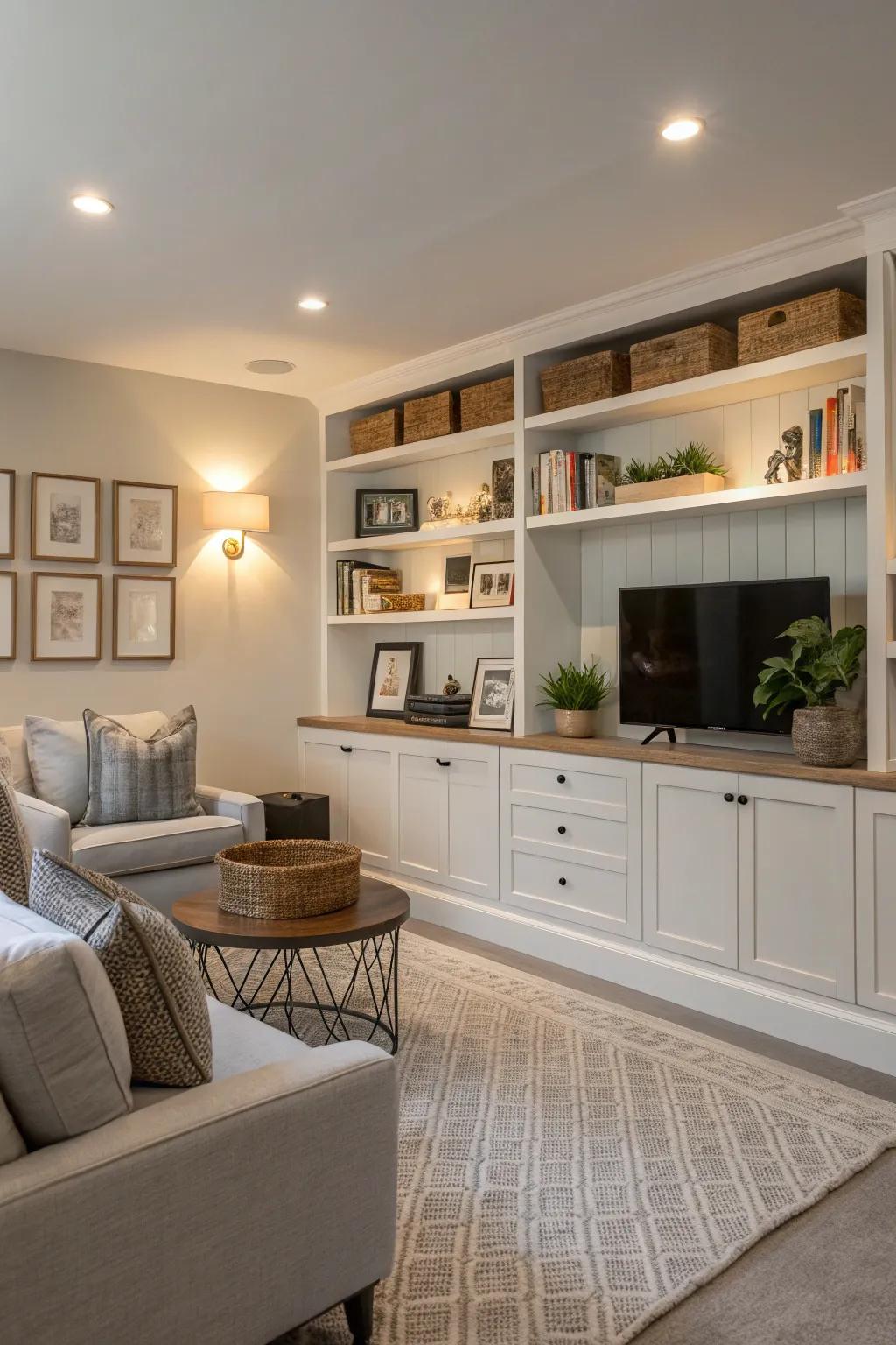 Inventive storage maintaining a tidy living room.