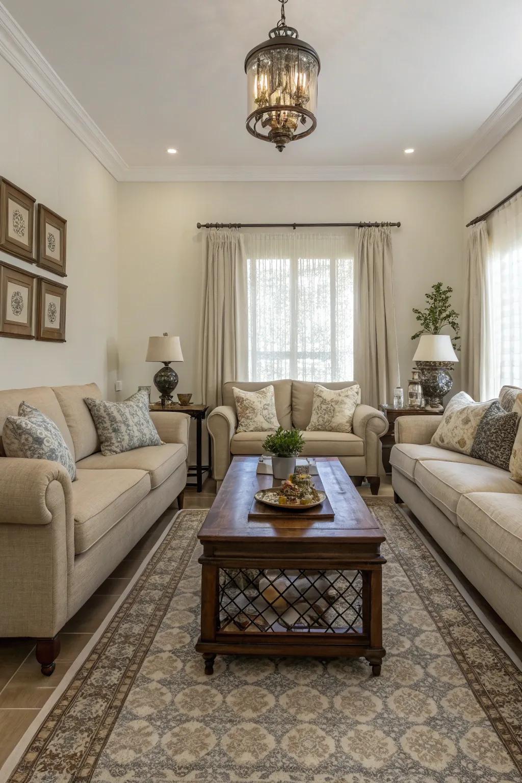 Symmetry brings balance to the living room design.