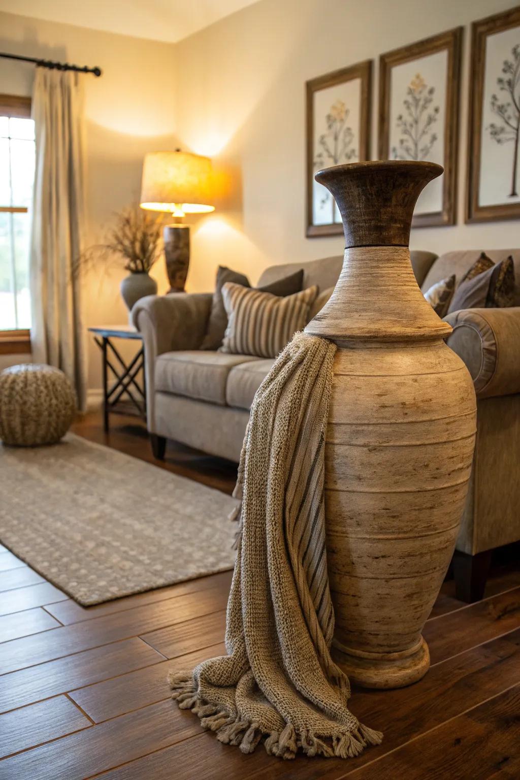 Textured textiles draped over a vase give décor a soft, tactile element.