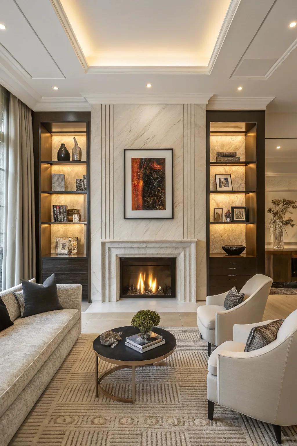 A modern statement fireplace serves as a cozy focal point.