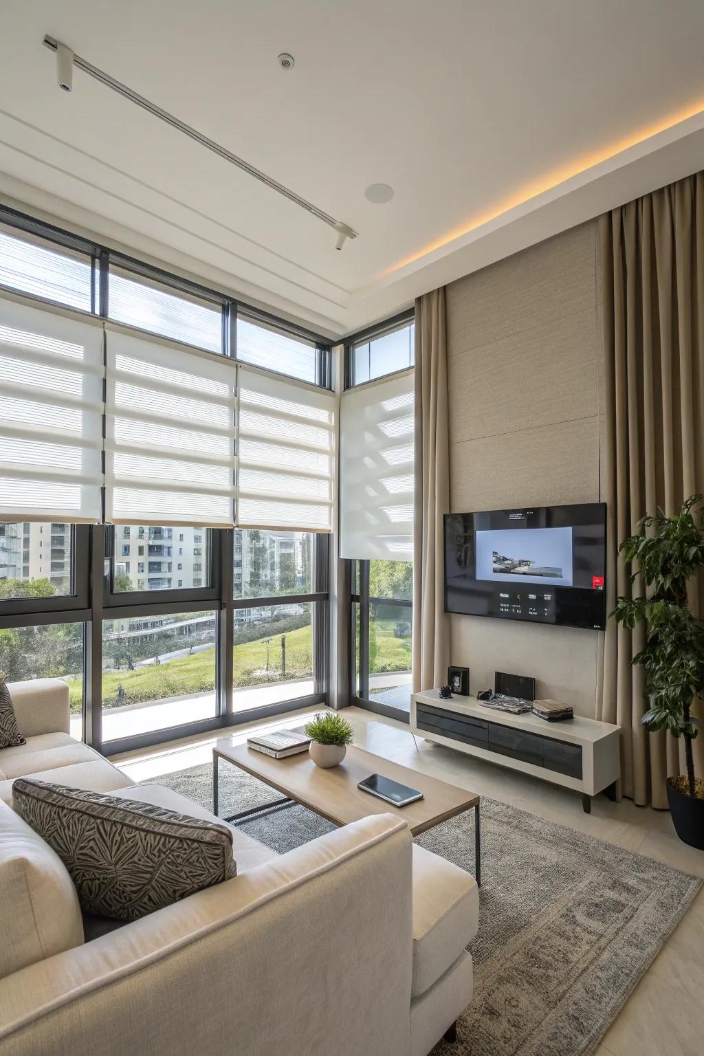 Automated blinds contributing ease and style to a contemporary living space.