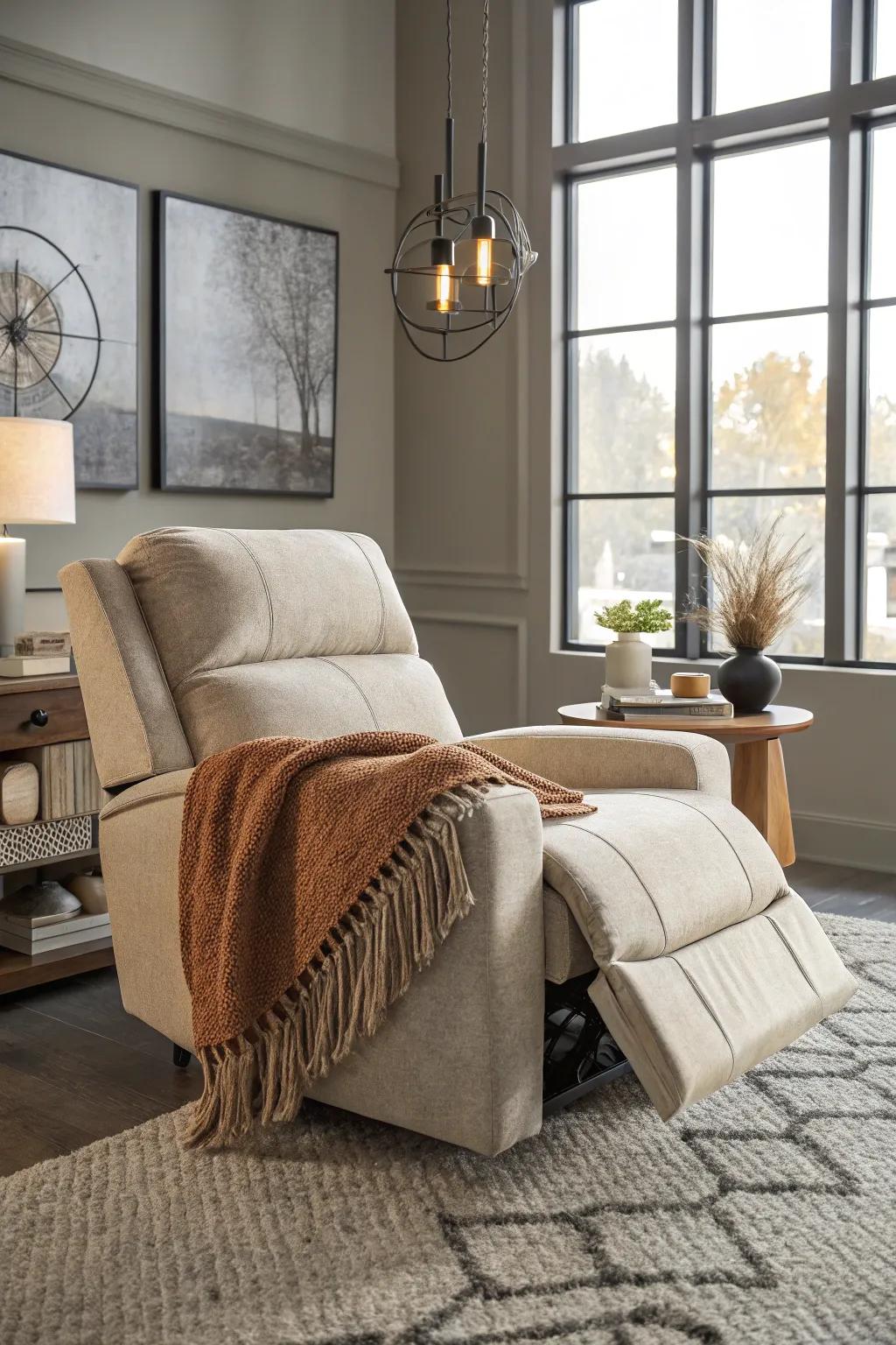 An inviting and warm recliner arrangement that includes a delicate throw blanket.